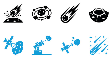 Set of black and blue space icons showing asteroids meteorites and satellites in outer space exploration Vector, illustration © Sumon Sorkar