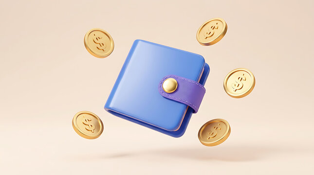 3d render of a blue leather wallet surrounded by floating golden dollar coins on a soft beige background, representing financial savings, and wealth