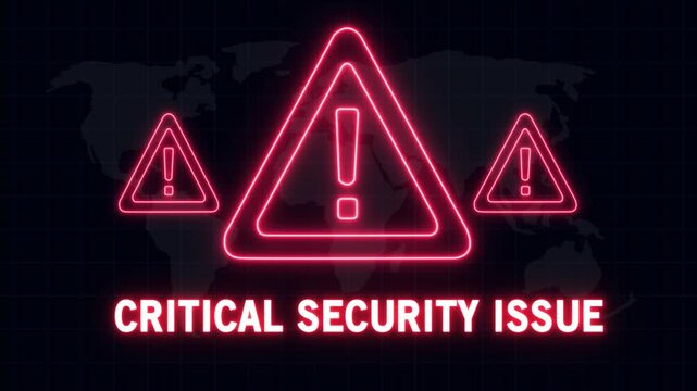 Animated critical security issue alert featuring glowing red neon warning triangles and exclamation marks over a digital global map background, for cybersecurity threat, notifications and data