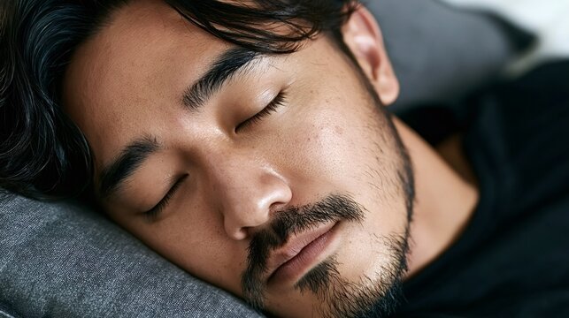Asian man sleeping peacefully on a grey pillow, feeling relaxed and comfortable, illustrating concepts of rest, wellness, and healthy lifestyle