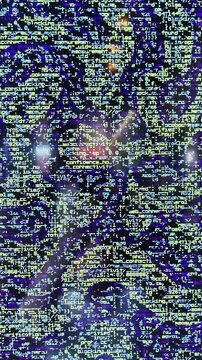 A monitor screen displaying program code with "glitch" artifacts. Abstract blue waves move and change shape over the digital code.