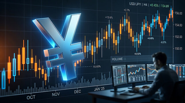 Trader analyzing yen currency market trends on multiple computer monitors with financial charts and data in dark office