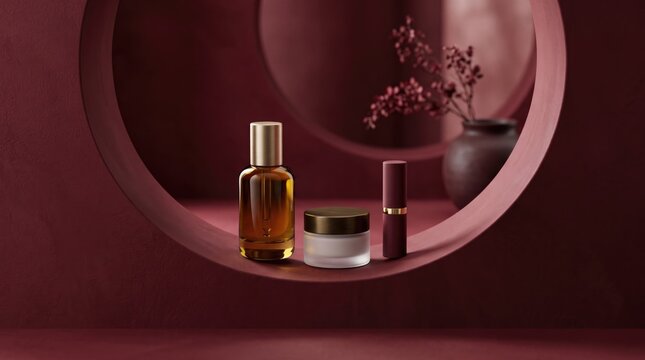 makeup Advertainment  Abstract background  2026 Elegant skincare products set on a reflective surface with blurred nature background