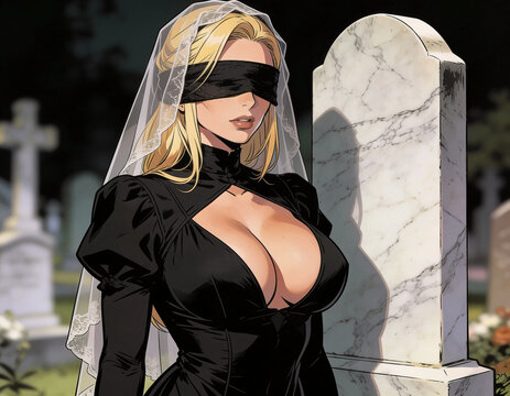 donna bionda vestita di nero per il lutto al cimitero, blonde woman dressed in black for mourning at the cemetery