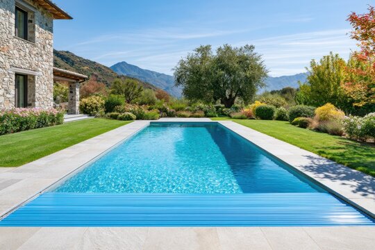 Luxury rectangular swimming pool with blue water surrounded by landscaped garden and mountains in the background, featuring stone house and clear sky