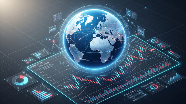 3d isometric view of a global earth globe surrounded by financial data charts and trading indicators on a dark digital interface background