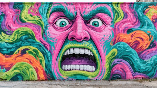 Large psychedelic street art mural featuring a vibrant, expressive face with exaggerated features and colorful swirling patterns on a brick wall