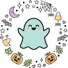 Fototapeta premium Cute cartoon ghost surrounded by a circular wreath of halloween including pumpkins, bats, candy corn, spider webs, and stars in color