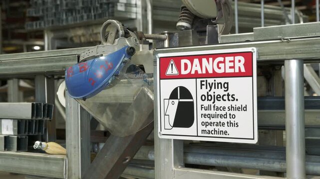 Protective Face Shield Positioned Beside Industrial Danger Sign Requiring Full Face Protection During Machine Operation