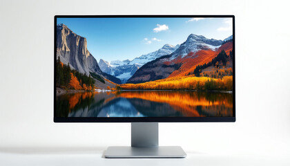 Fototapeta premium Modern silver desktop computer monitor stands on plain white background. Wide screen displays colorful mountain landscape with lake reflection. Professional display hardware for digital work office