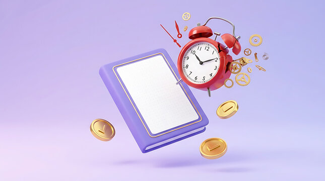 3d render of a purple notebook and a red alarm clock with floating gold coins on a soft purple background, for time management, and finance