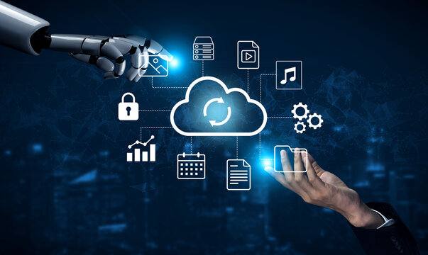 A striking representation of human and robotic collaboration in cloud computing. The image showcases digital icons relating to data, security, and technology use. Gantry