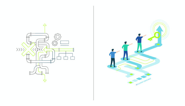Compliance and regulatory flowchart showing a transition from a complex maze of piping to a clear directed path towards a key goal.