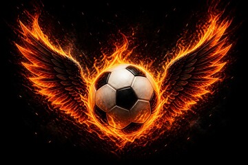 Fototapeta premium Soccer ball with fiery wings against dark smoky background