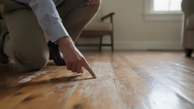 Small house interior walkthrough with investor examining flooring quality sharp focus on worn spots and potential refinishing needs with soft background.