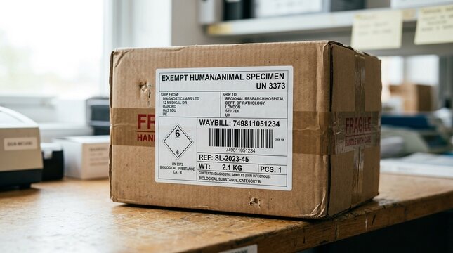 Courier waybill label attached to a sealed biological specimen shipping container - Medical Laboratory and Clinical Research Stock Photo