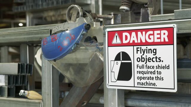 Protective Face Shield Beside Industrial Danger Sign Warning of Flying Objects and Required Machine Safety Equipment