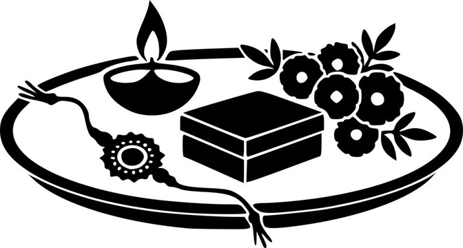Raksha Bandhan puja thali black silhouette with rakhi, diya, mithai sweet box, and flowers in a festive Indian celebration illustration perfect for Rakhi festival posters, greeting cards, and cultural