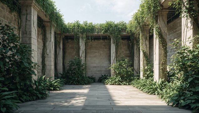 Cinderblock Enclosure with Sprawling Jungle Pothos Vines and Paved Floor