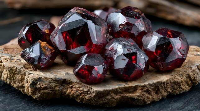 Ancient garnet crystals embedded within weathered metamorphic rock displaying rich mineral contrast beneath balanced daylight premium geological educational composition
