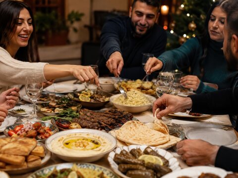 Freunde teilen beim syrischen Silvesteressen gegrillte Kebabs, Reis, Hummus, Weinbl&auml;tter, Salate und Fladenbrot in gem&uuml;tlicher festlicher Atmosph&auml;re.