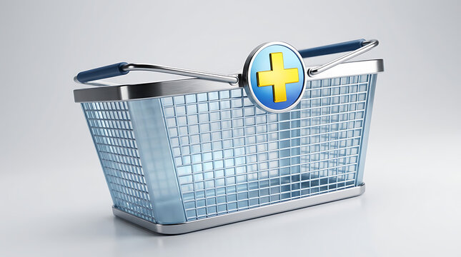 Metallic shopping basket with blue plus sign for e-commerce and retail concepts isolated on white background, 3d render