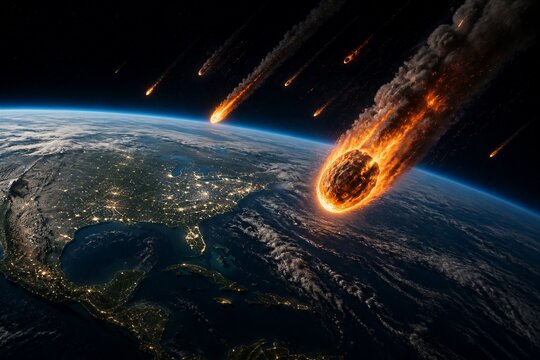 Asteroid streaking toward earth over illuminated continent