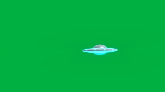 Realistic 3D UFO flyby green screen isolated, glowing alien saucer hover fast warp loop