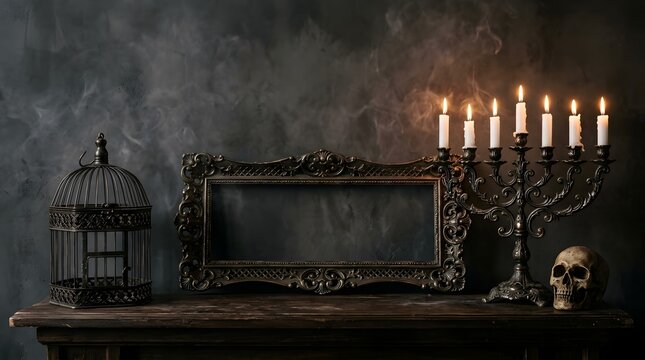 Dark academia still life antique frame candelabra and skull