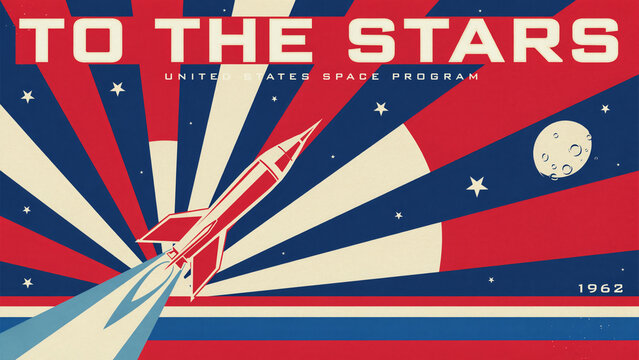 Retro American Space Program Poster with Bold Rocket Launching Towards the Moon and Stars, Capturing Mid-Century Exploration Spirit