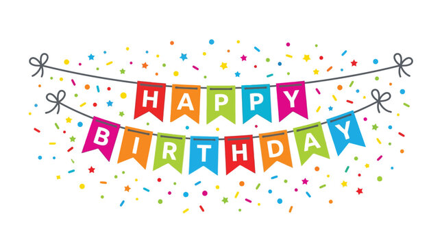 Colorful happy birthday vector illustration featuring festive hanging pennant flags with bright confetti and stars