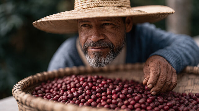 Colombian coffee farmer in a wide straw hat sorting freshly picked cherries on a flat woven basket at harvest, agricultural precision, fair trade, tropical mountain growing