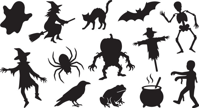 Halloween character silhouettes set featuring a ghost, witch, cat, bat, skeleton, scarecrow, spider, monster, raven, frog, cauldron, and zombie