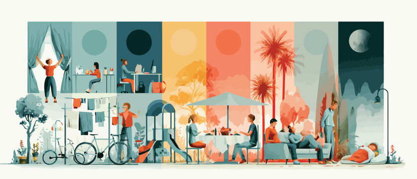 Daily routine life cycle vector illustration, people activities from morning to night, lifestyle schedule timeline with flat characters and soft colors