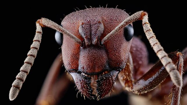 Close-up look at an ant showing details of its body and features under a microscope