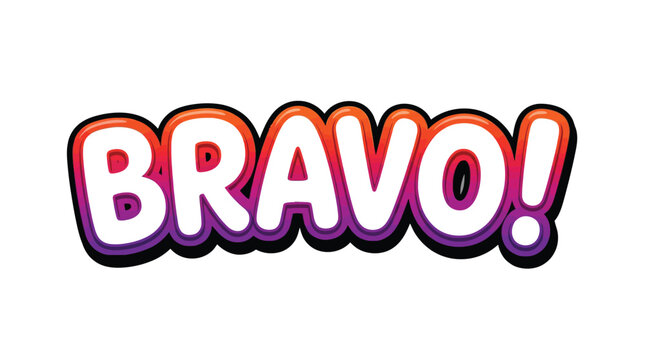 Vibrant bravo text vector illustration featuring bold orange to purple gradient letters with black outlines