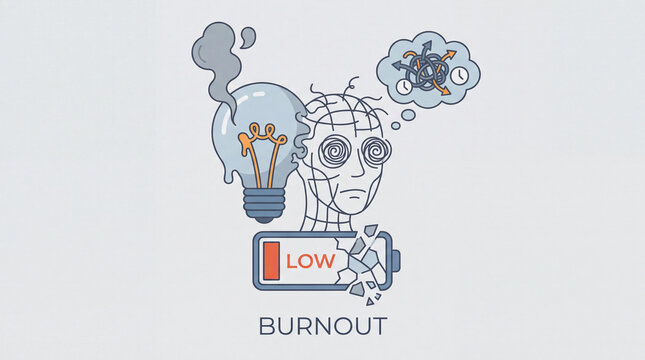 Conceptual illustration of burnout and exhaustion, tired character with low battery and stressed mind