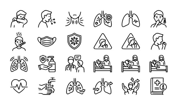 Cough vector icon set featuring flu symptoms respiratory healthcare hygiene and editable stroke medical symbols on white background