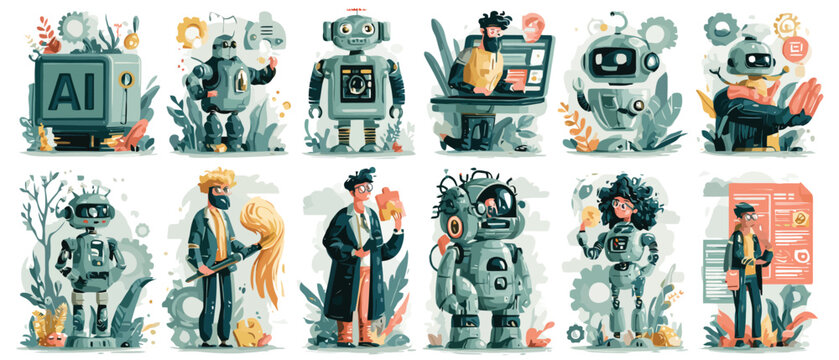 Artificial intelligence robot character set, futuristic AI technology illustrations, 12 flat vector icons for machine learning and robotics