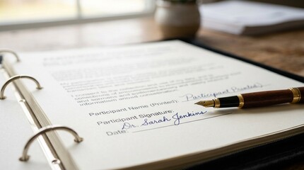 Fototapeta premium Research consent binder open to a signature page beside a fountain pen - Medical Laboratory and Clinical Research Stock Photo