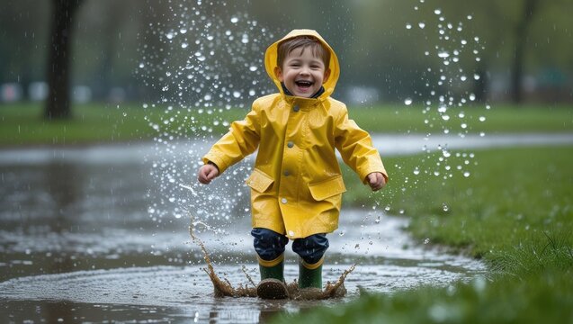 A cheerful boy wearing a yellow rain jacket splashing in a water puddle outdoors. active children games, rainy day leisure, happy childhood emotions.