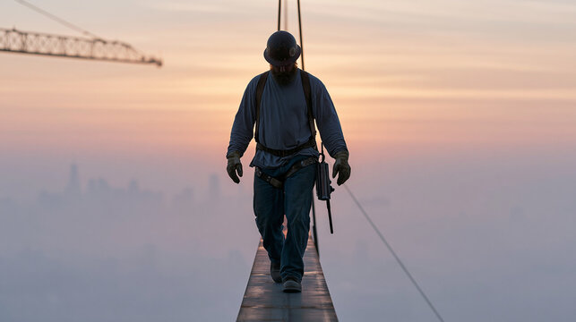 Steel erection ironworker walking a narrow beam fifty stories above a foggy city skyline at dawn, safety harness clipped, rivet gun at hip, construction crane arm visible in