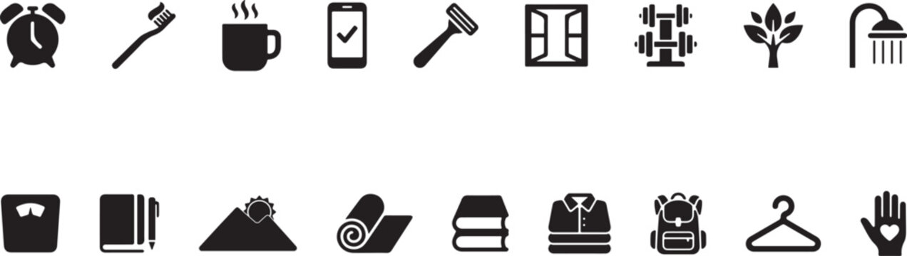 Morning routine, waking-up rituals, and personal hygiene vector icon set. Healthy lifestyle and daily planning symbols.