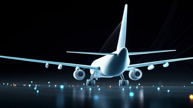 3D model of an airplane showing detailed design in a digital environment at night with lights and waves