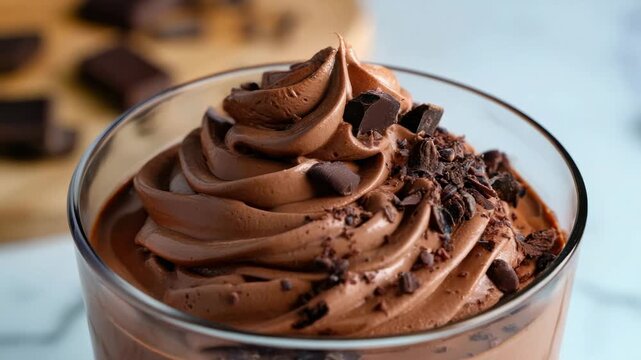 Make a chocolate dessert with whipped cream and chocolate bits in a clear glass cup and enjoy it with friends at home