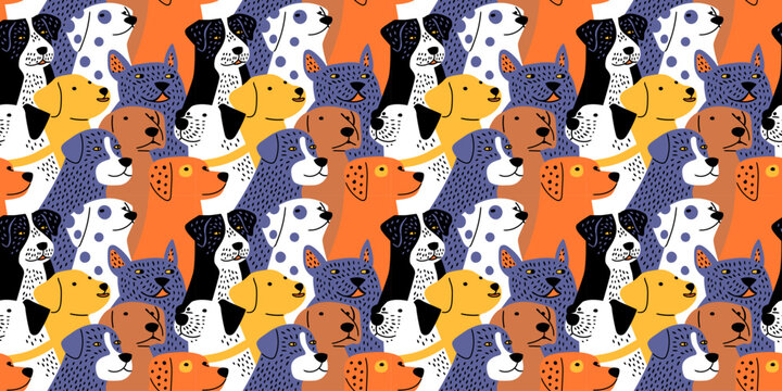 Funny dog animal crowd cartoon seamless pattern in flat illustration style. Cute puppy pet group background, diverse domestic dogs breed wallpaper.