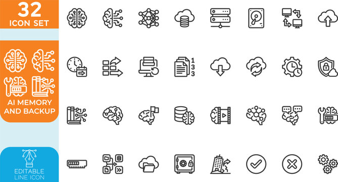 AI Memory and Backup line editable Vector illustration icon set. Brain Chip, Cloud Storage, and Atomic Database, data security, AI network, and processor fusion concepts. on transparent background.