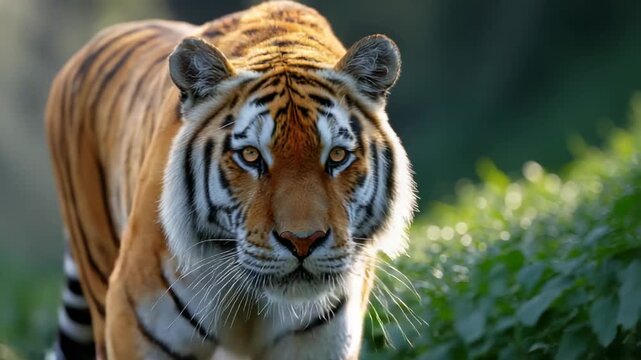 Large tiger walking through green grass in a forest during bright daylight with sun rays shining through the trees
