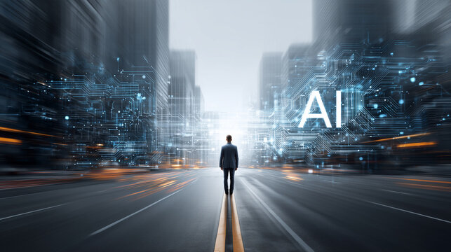 Businessman standing on road with AI text and circuit patterns, facing illuminated digital future in modern city