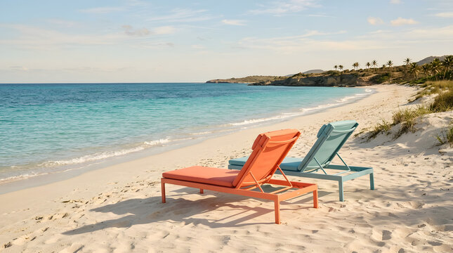 Two colorful lounge chairs on a pristine white sand beach overlooking calm turquoise ocean waters in a tropical paradise